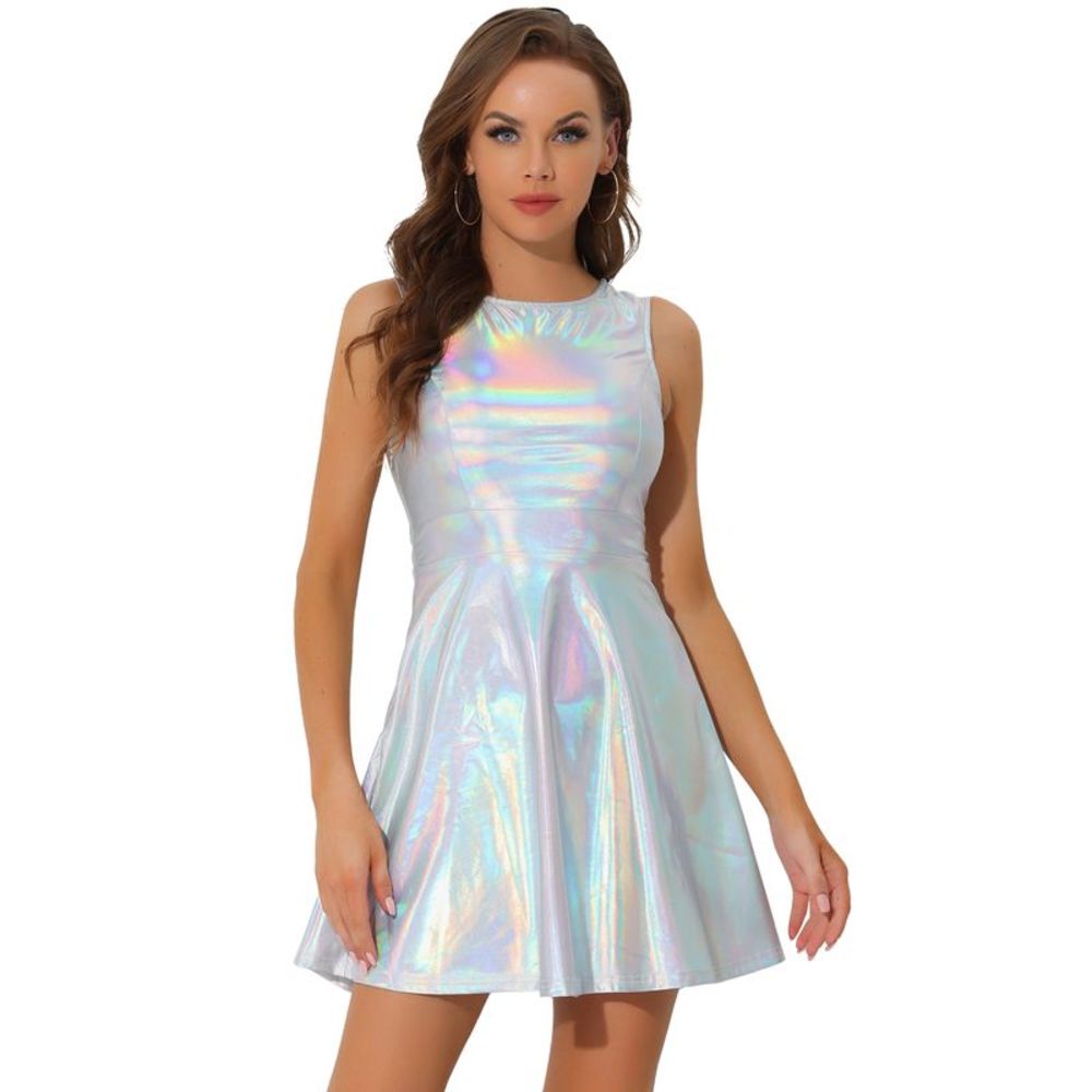 Women's Metallic Sleeveless High Waist Party Holographic Dress Silver